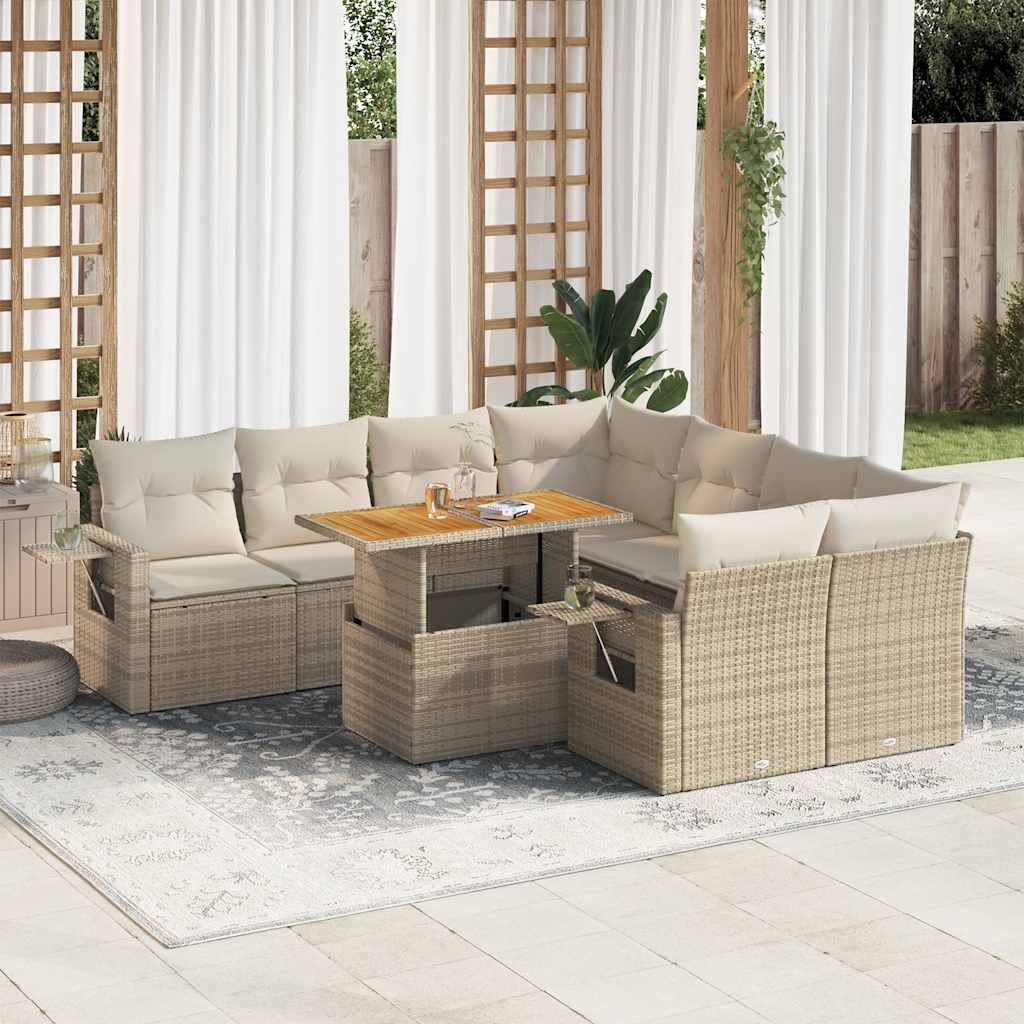 Set Divano da Giardino 9 pz con Cuscini Beige in Polyrattan