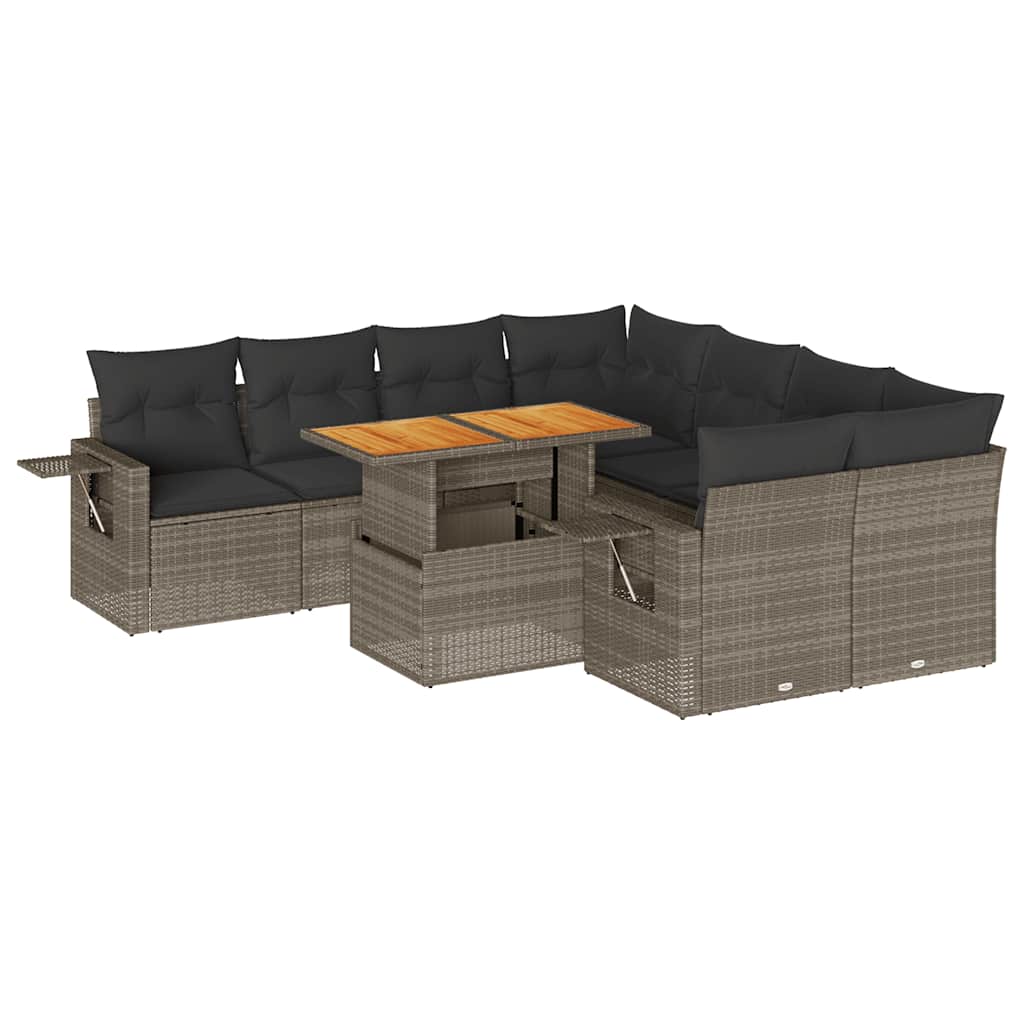 Set Divano da Giardino 9 pz con Cuscini Grigio in Polyrattan