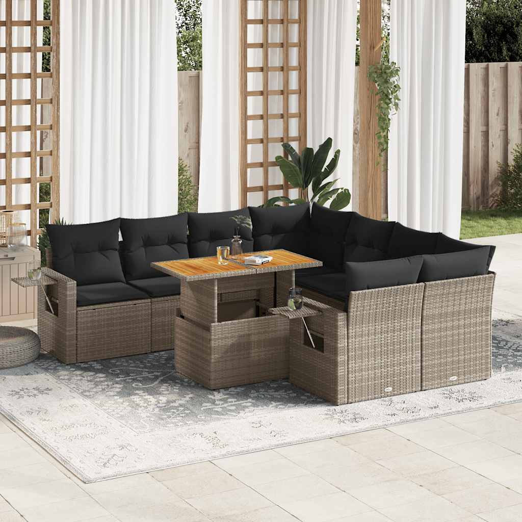 Set Divano da Giardino 9 pz con Cuscini Grigio in Polyrattan