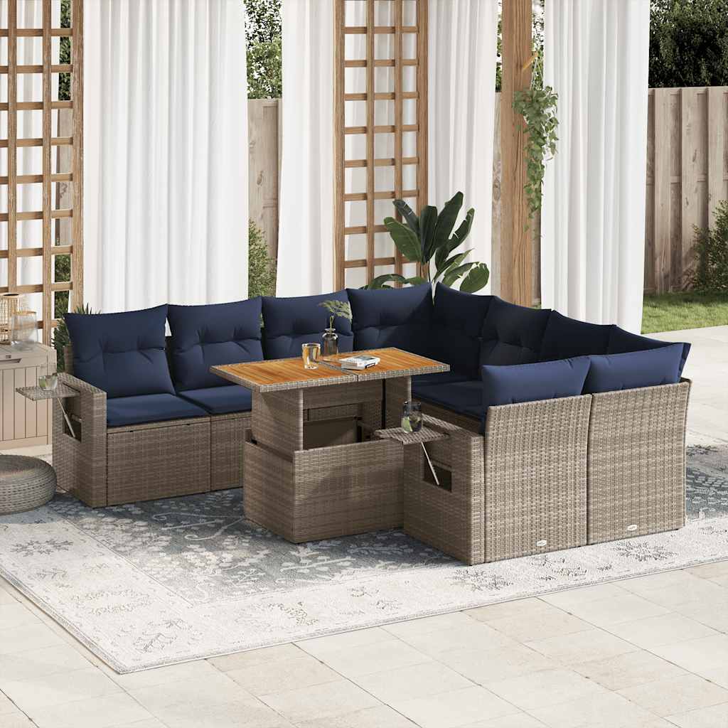 Set Divano da Giardino 9 pz con Cuscini Grigio in Polyrattan