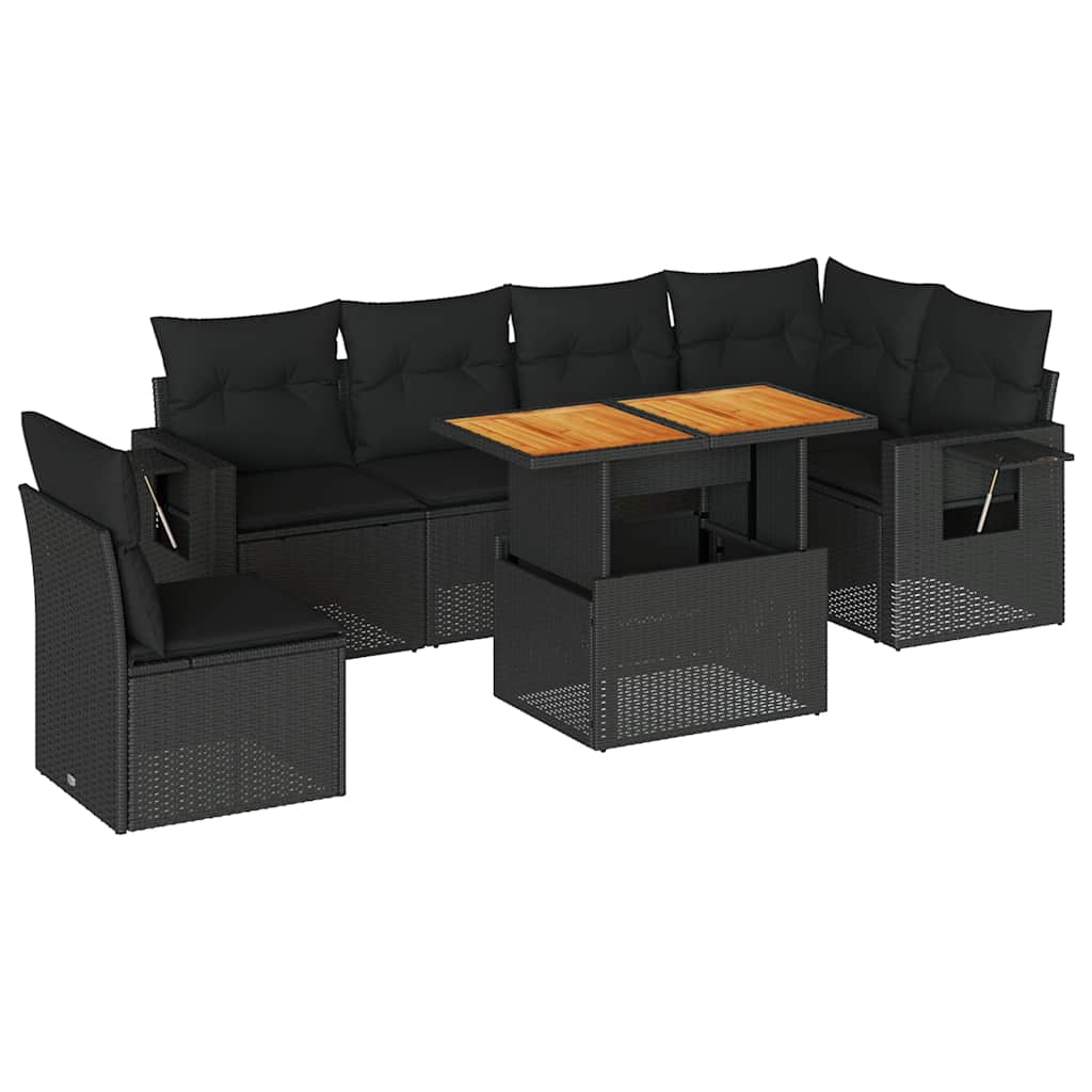 Set Divani da Giardino con Cuscini 7pz Nero Polyrattan