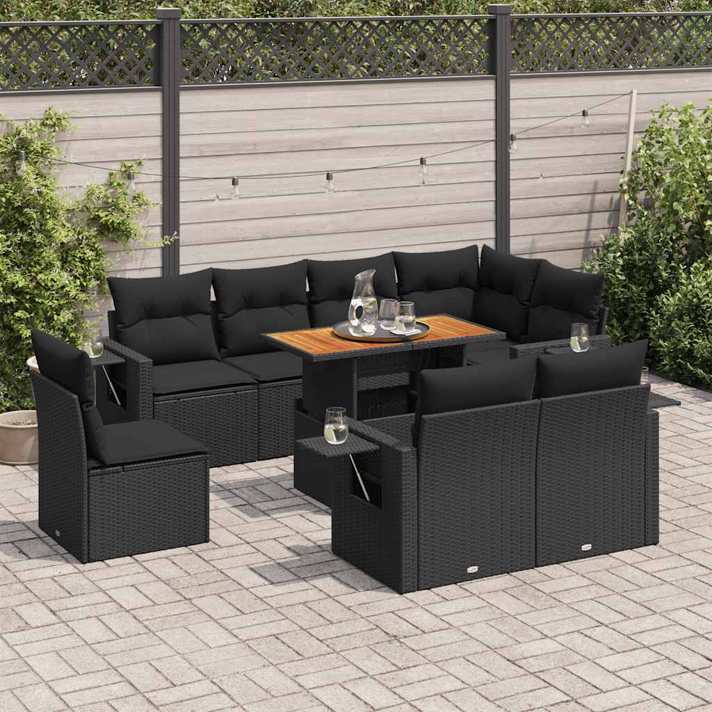 Set Divani da Giardino 9 pz con Cuscini Nero in Polyrattan | homemem39