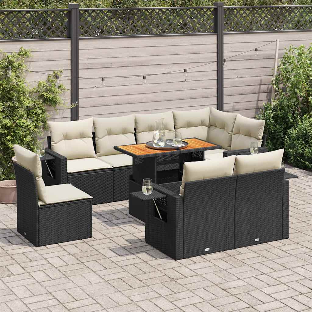 Set Divani da Giardino 9 pz con Cuscini Nero in Polyrattan | homemem39