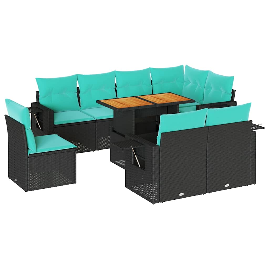 Set Divani da Giardino 9 pz con Cuscini Nero in Polyrattan