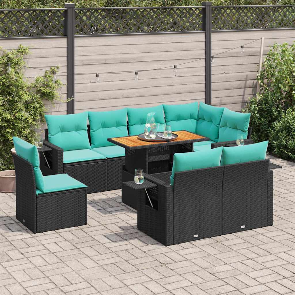 Set Divani da Giardino 9 pz con Cuscini Nero in Polyrattan | homemem39