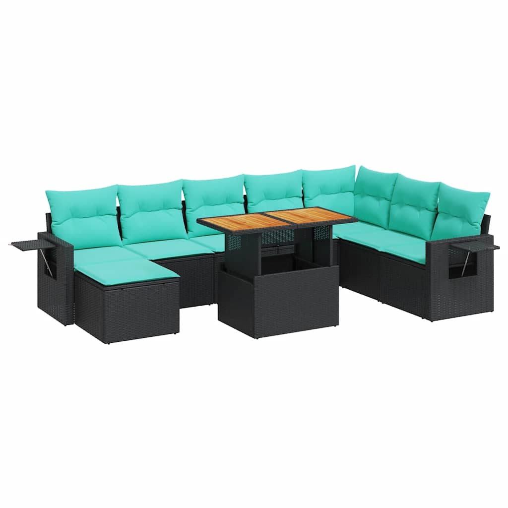Set Divani da Giardino 9 pz con Cuscini Nero in Polyrattan