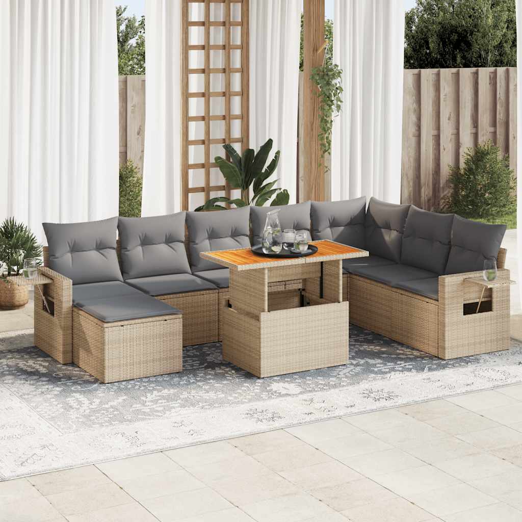 Set Divano da Giardino 9 pz con Cuscini Beige in Polyrattan | homemem39