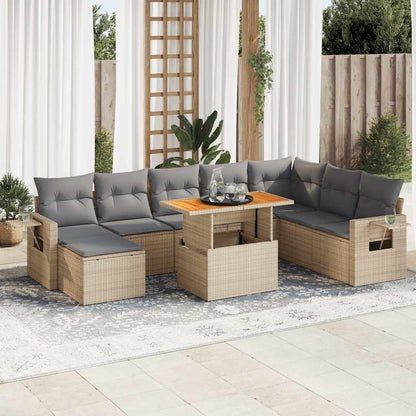 Set Divano da Giardino 9 pz con Cuscini Beige in Polyrattan