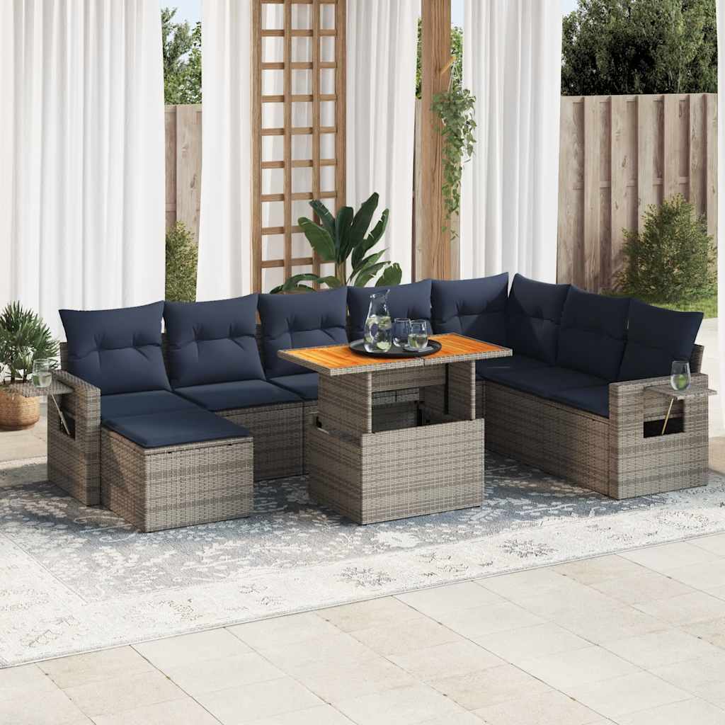 Set Divano da Giardino 9 pz con Cuscini Grigio in Polyrattan | homemem39