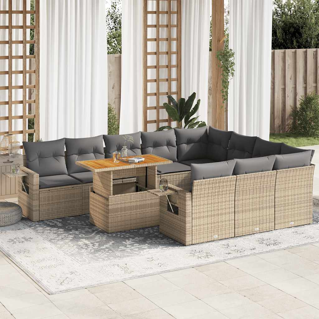 Set Divani da Giardino 11 pz con Cuscini Beige in Polyrattan