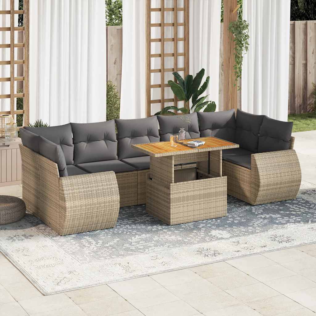 Set Divano da Giardino 8 pz con Cuscini Beige in Polyrattan