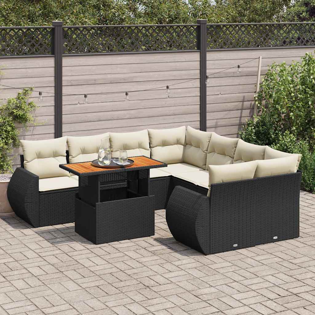 Set Divani da Giardino 9 pz con Cuscini Nero in Polyrattan