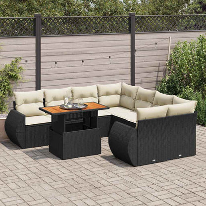Set Divani da Giardino 9 pz con Cuscini Nero in Polyrattan