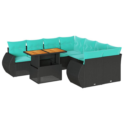 Set Divani da Giardino 9 pz con Cuscini Nero in Polyrattan