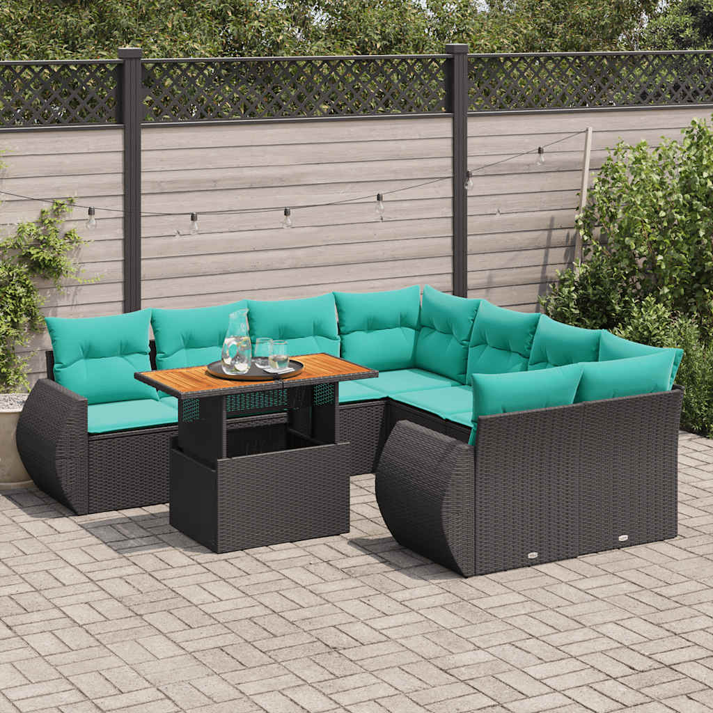 Set Divani da Giardino 9 pz con Cuscini Nero in Polyrattan