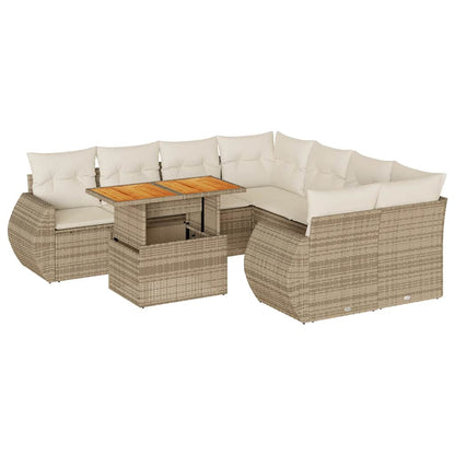 Set Divano da Giardino 9 pz con Cuscini Beige in Polyrattan
