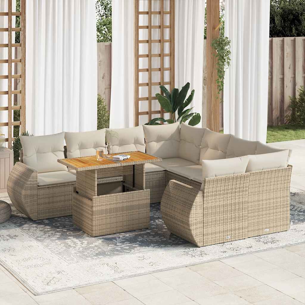 Set Divano da Giardino 9 pz con Cuscini Beige in Polyrattan