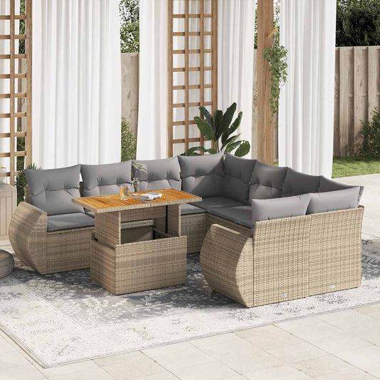 Set Divano da Giardino 9 pz con Cuscini Beige in Polyrattan
