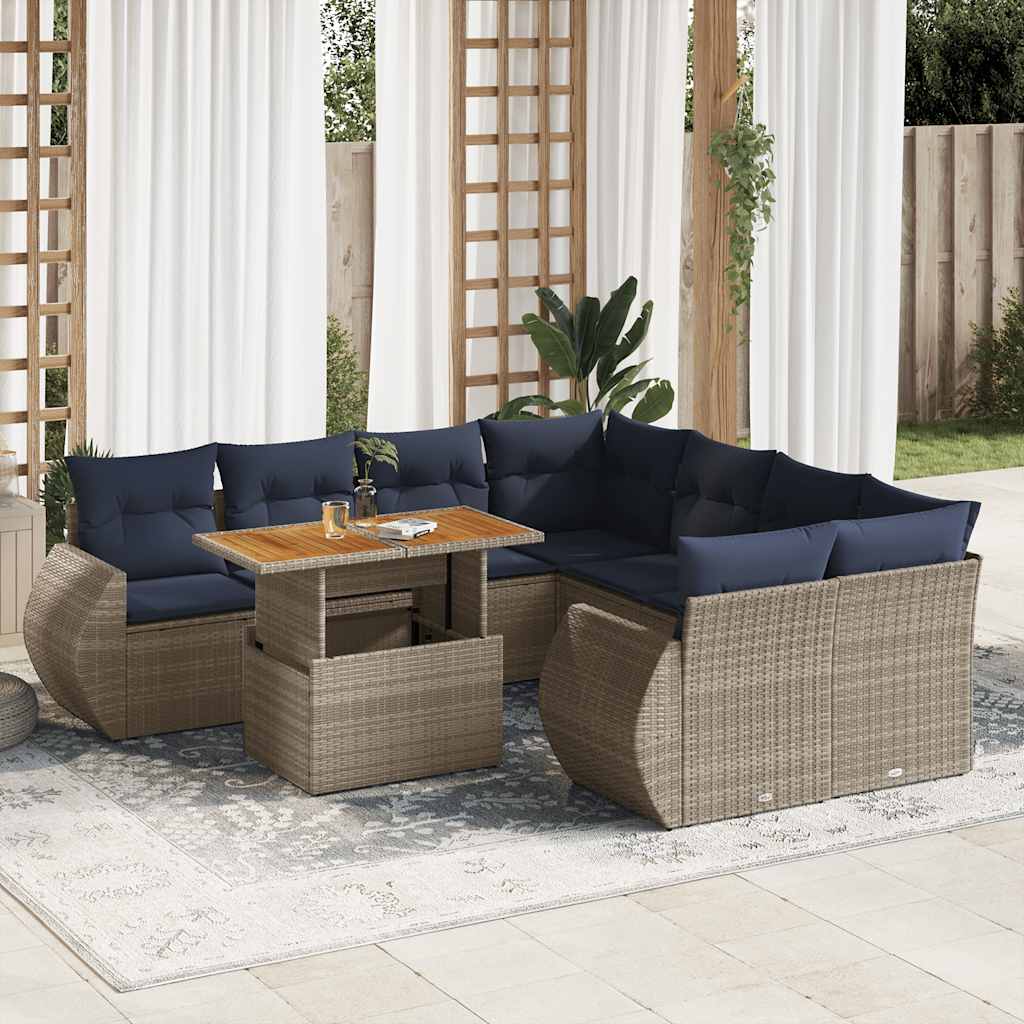 Set Divano da Giardino 9 pz con Cuscini Grigio in Polyrattan