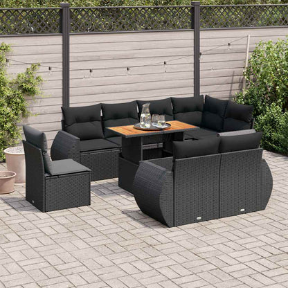Set Divani da Giardino 9 pz con Cuscini Nero in Polyrattan