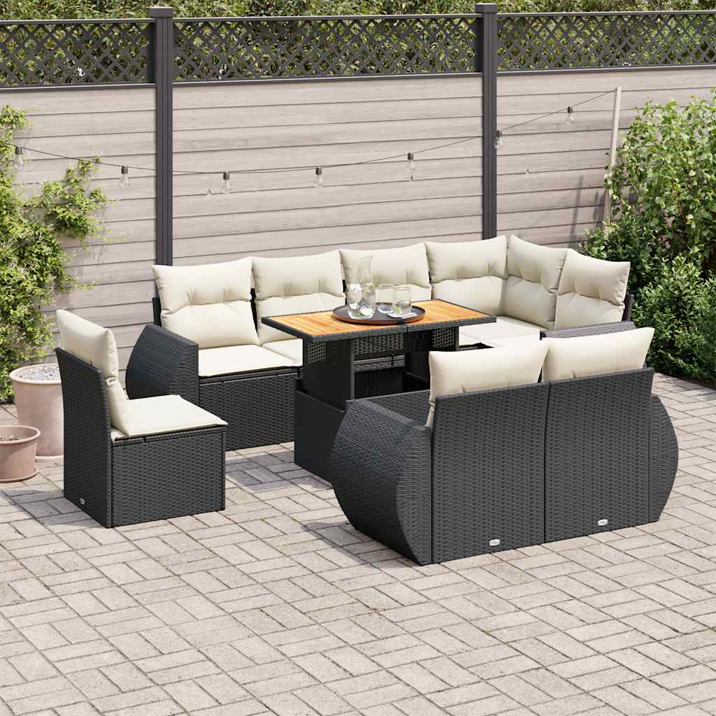 Set Divani da Giardino 9 pz con Cuscini Nero in Polyrattan