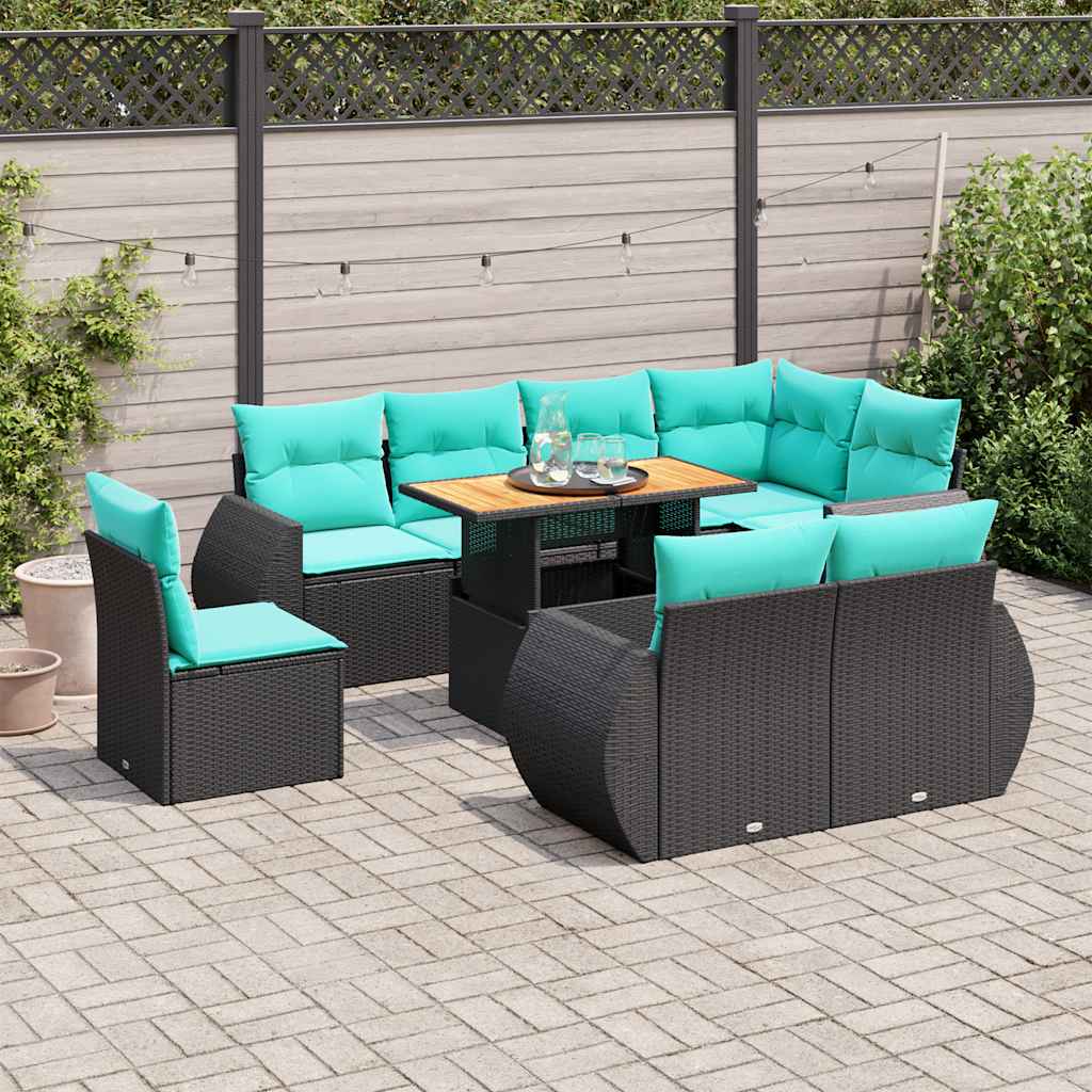Set Divani da Giardino 9 pz con Cuscini Nero in Polyrattan | homemem39