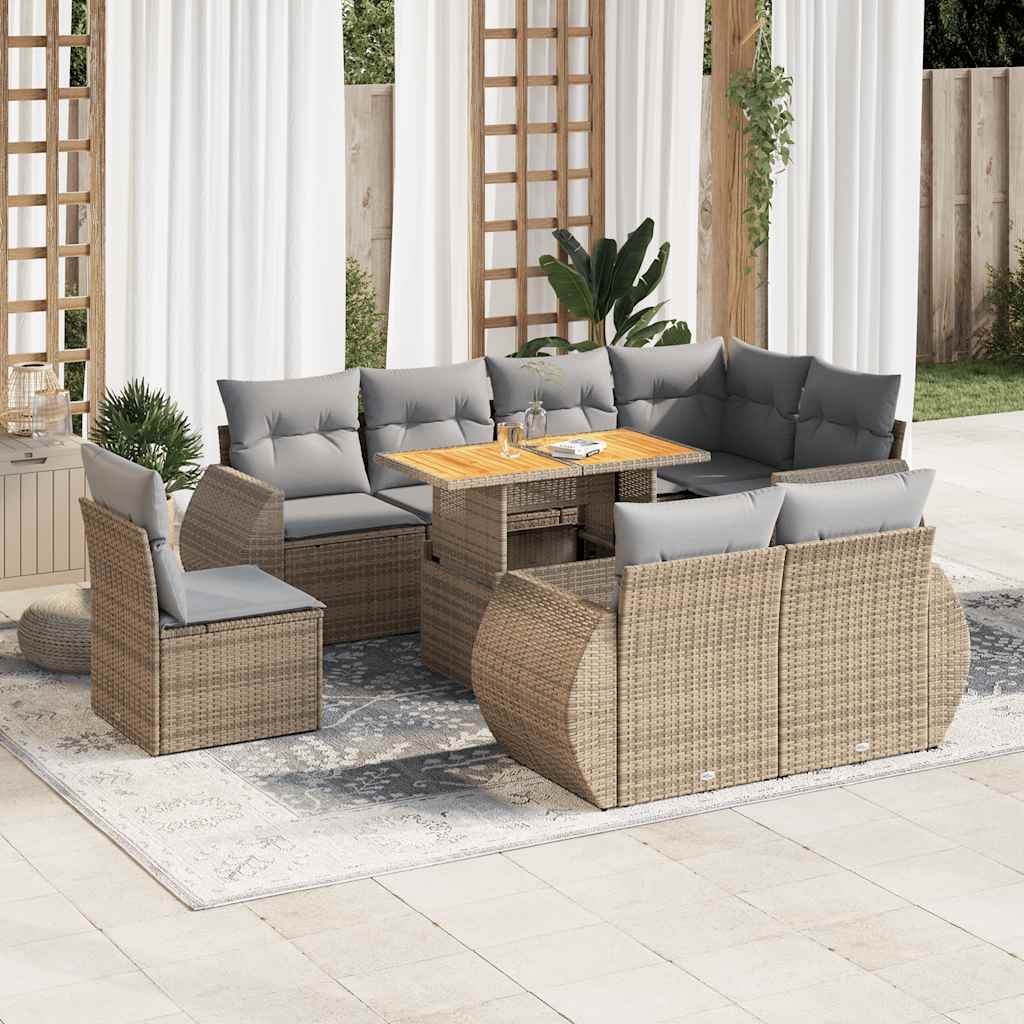 Set Divano da Giardino 9 pz con Cuscini Beige in Polyrattan