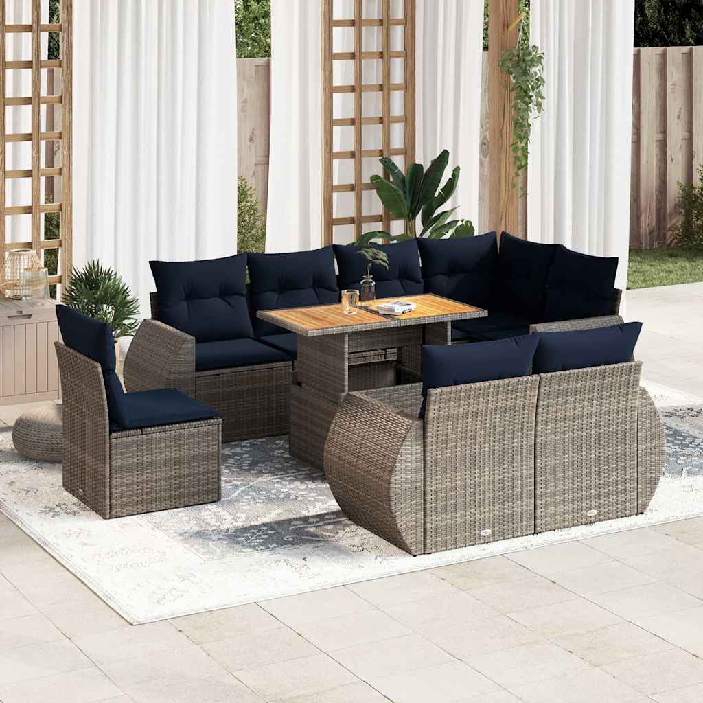 Set Divano da Giardino 9 pz con Cuscini Grigio in Polyrattan | homemem39