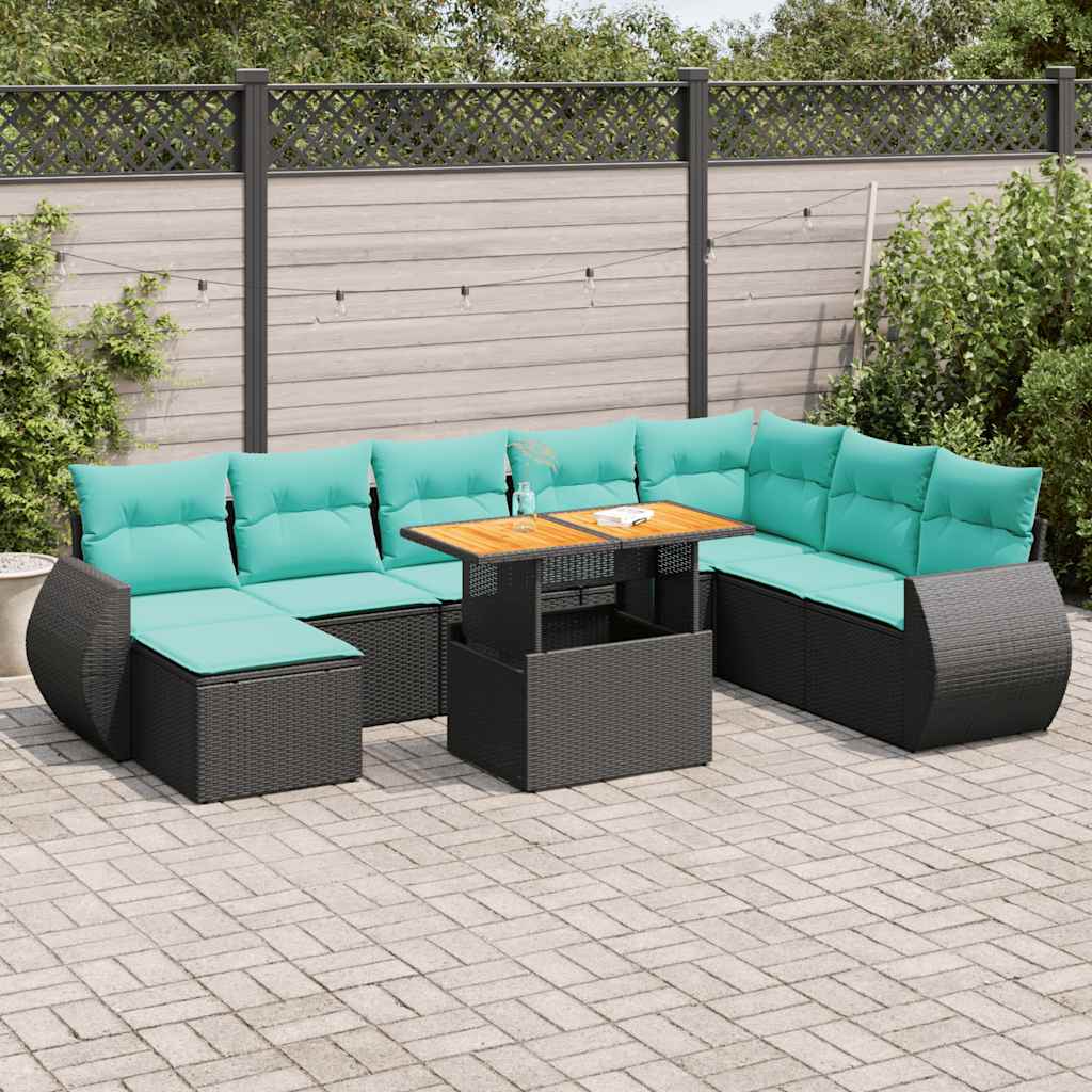 Set Divani da Giardino 9 pz con Cuscini Nero in Polyrattan | homemem39