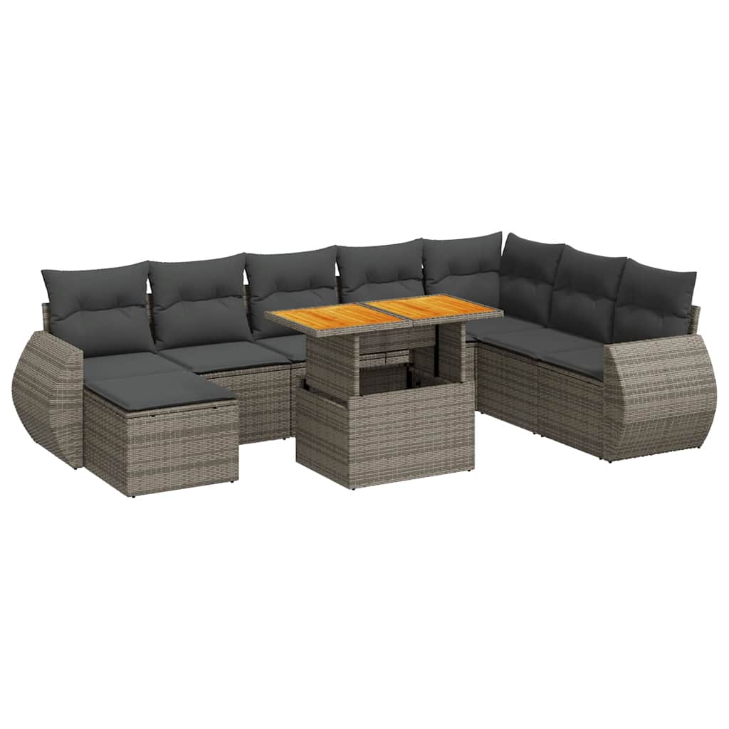 Set Divano da Giardino 9 pz con Cuscini Grigio in Polyrattan