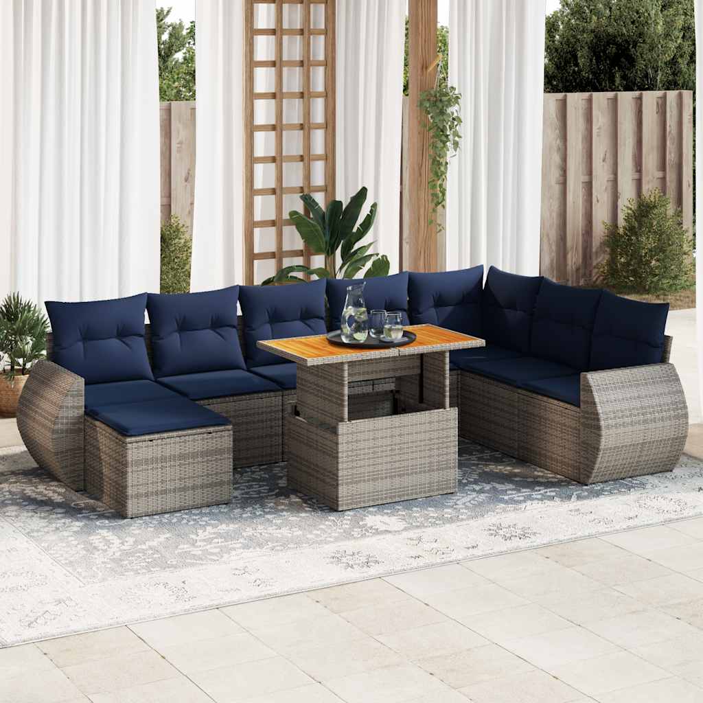 Set Divano da Giardino 9 pz con Cuscini Grigio in Polyrattan | homemem39