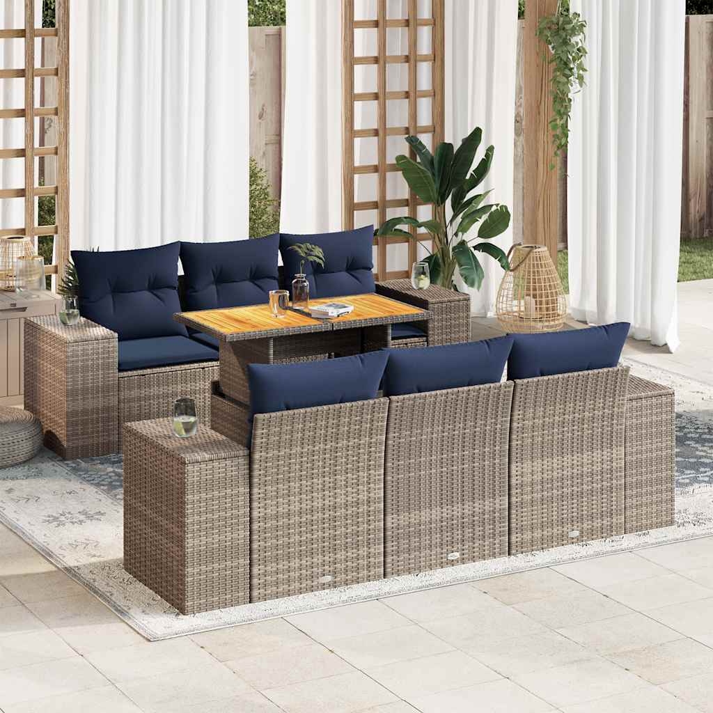 Set Divani da Giardino 7 pz con Cuscini Grigio in Polyrattan