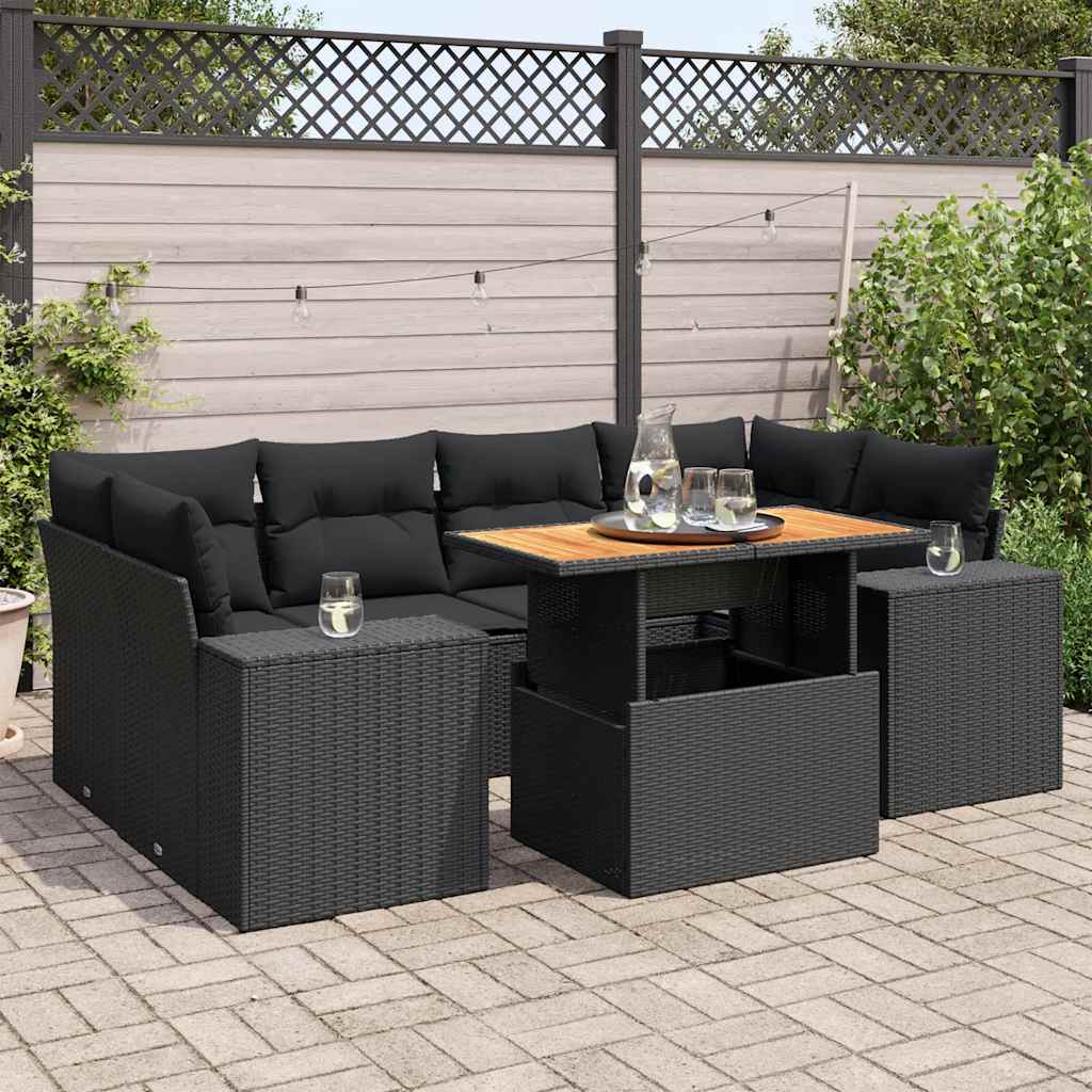 Set Divani da Giardino con Cuscini 7pz Nero Polyrattan