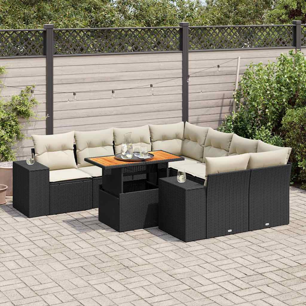 Set Divani da Giardino 9 pz con Cuscini Nero in Polyrattan | homemem39