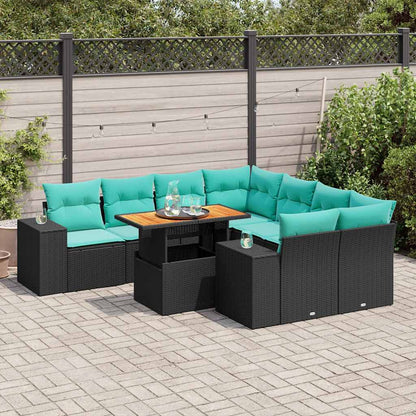 Set Divani da Giardino 9 pz con Cuscini Nero in Polyrattan
