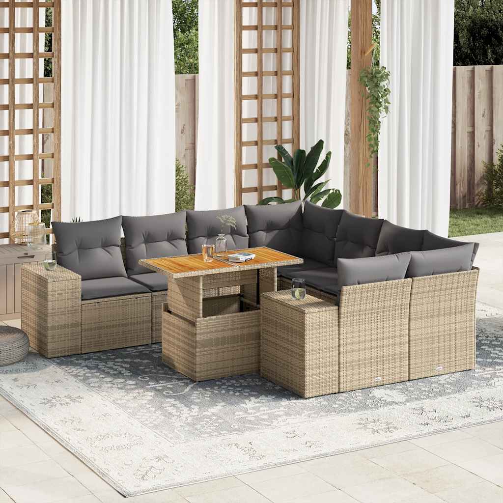 Set Divano da Giardino 9 pz con Cuscini Beige in Polyrattan | homemem39