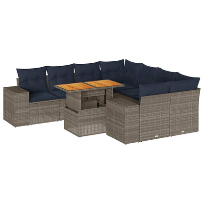 Set Divano da Giardino 9 pz con Cuscini Grigio in Polyrattan