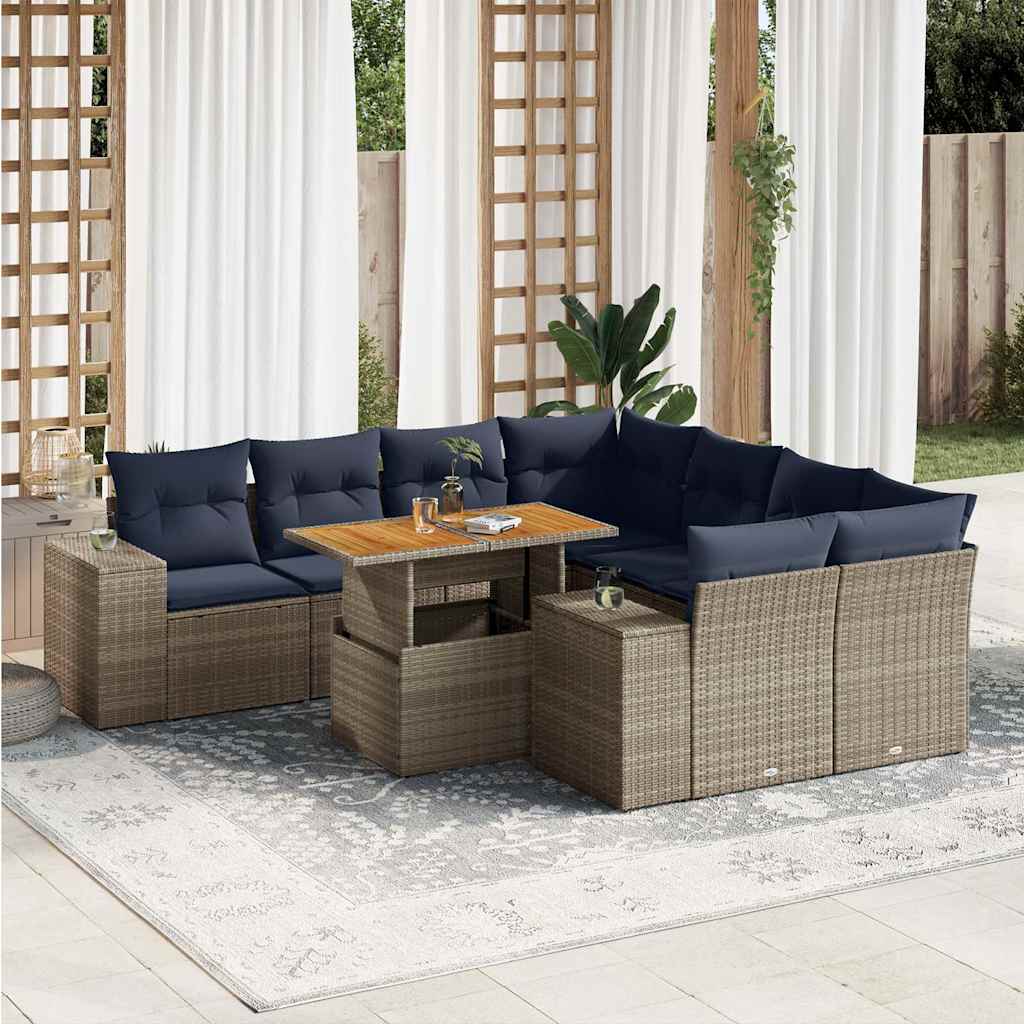 Set Divano da Giardino 9 pz con Cuscini Grigio in Polyrattan | homemem39