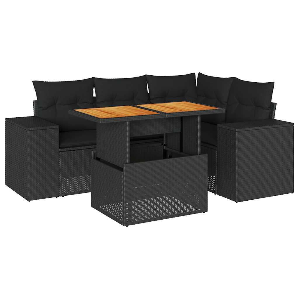 Set Divani da Giardino 5 pz con Cuscini in Polyrattan Nero