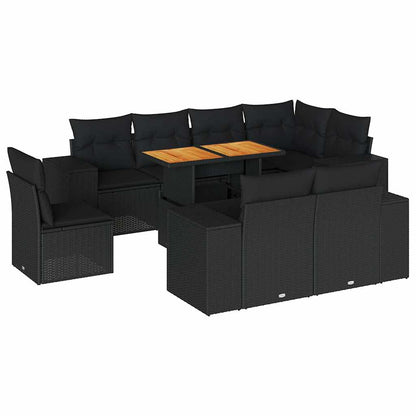 Set Divani da Giardino 9 pz con Cuscini Nero in Polyrattan - homemem39