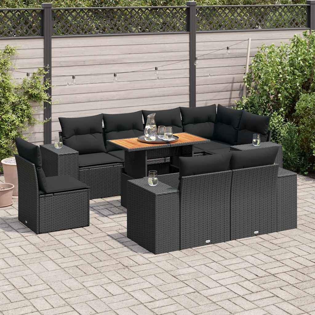 Set Divani da Giardino 9 pz con Cuscini Nero in Polyrattan - homemem39