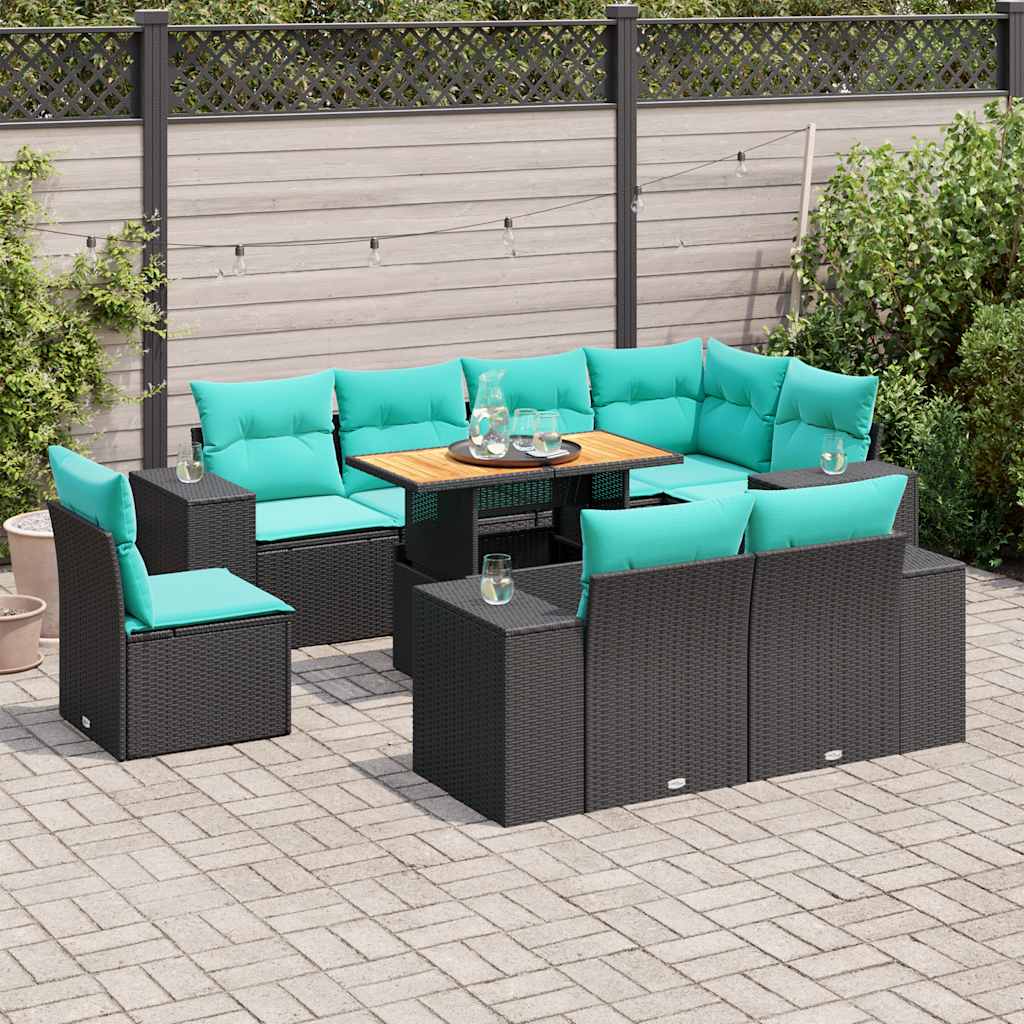 Set Divani da Giardino 9 pz con Cuscini Nero in Polyrattan