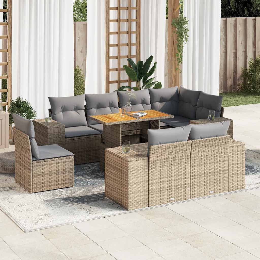 Set Divano da Giardino 9 pz con Cuscini Beige in Polyrattan | homemem39