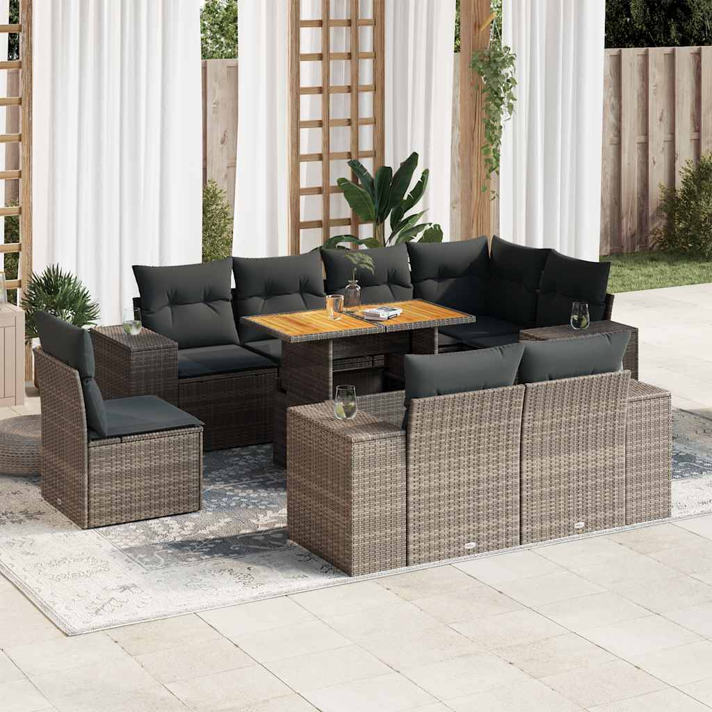 Set Divano da Giardino 9 pz con Cuscini Grigio in Polyrattan | homemem39