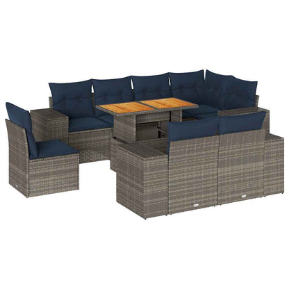 Set Divano da Giardino 9 pz con Cuscini Grigio in Polyrattan