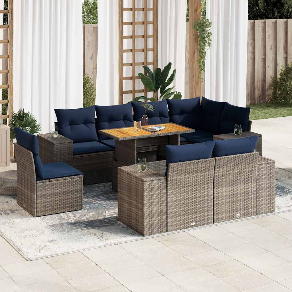 Set Divano da Giardino 9 pz con Cuscini Grigio in Polyrattan