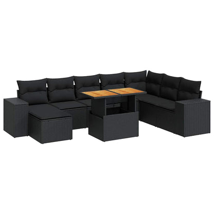 Set Divani da Giardino 9 pz con Cuscini Nero Polyrattan Acacia | homemem39