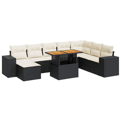 Set Divani da Giardino 9 pz con Cuscini Nero Polyrattan Acacia | homemem39