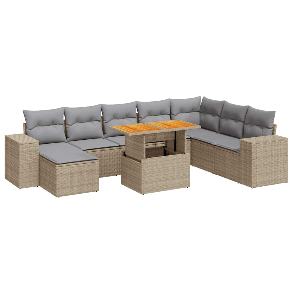 Set Divano da Giardino 9 pz con Cuscini Beige Polyrattan Acacia | homemem39