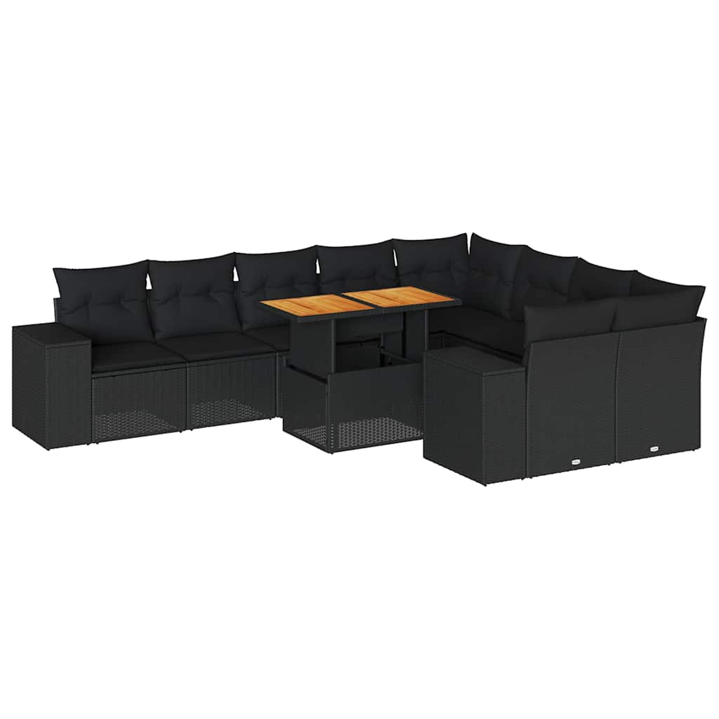 Set Divani Giardino 10pz con Cuscini Nero in Polyrattan Acacia | homemem39